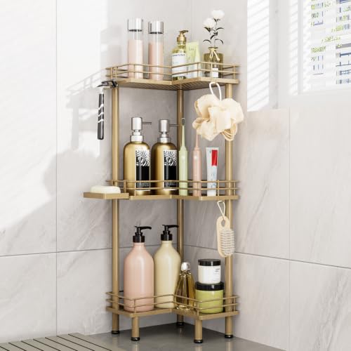 Image of Consumest Corner Shower Caddy Standing - 3-Tier Stainless Steel Shower Organizer with Soap Holder and 4 Hooks, Large Capacity Corner Shelf Stand for Bathroom, Rest Room, Gold