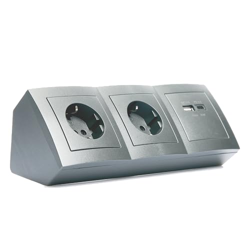 MC POWER Steckdosenblock Unterbausteckdosen | Flair | Ecksteckdose 2-fach Steckdose + USB-C/A, 15cm Kabel mit Lüsterklemme, 250V / 16A, Aufbau, dunkelgrau anthrazit matt