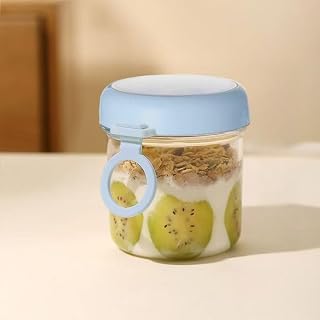 Glass Salad Breakfast Cup with Lid & Spoon, Sealed Oatmeal Milk Storage Container (blue)