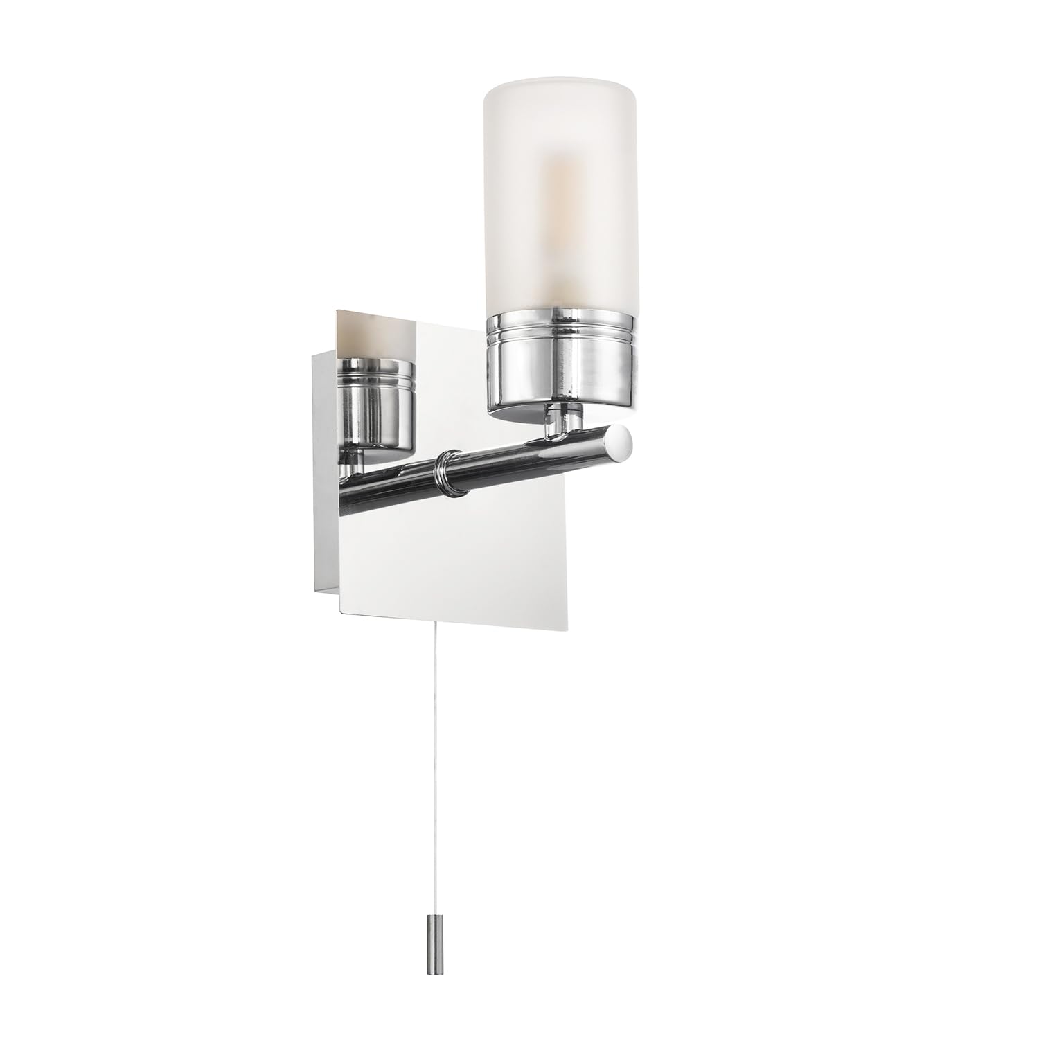 Happy Homewares Compact Designer IP44 Rated Bathroom Wall Light Fixture with Tubular Glass Shade in Shiny Polished Chrome | Pull Switch | 1 x 18w G9 Bulb