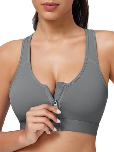Zip Front Closure High Impact Sports Bra for Women Post Surgery Racerback Sports Bra High Support Workout Running Bras Grey