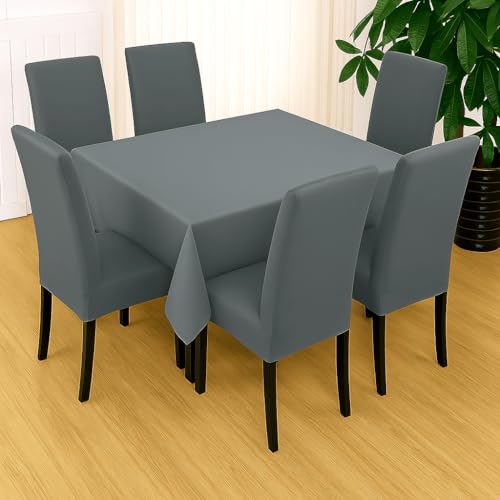 Image of Styleys Dining Chair Cover with Table Covers for Kitchen Waterproof Dining Table Cloth (1 Table Cover + 6 Chair Cover, Grey, CTSD16)