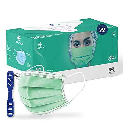 Image of 3 Ply Disposable Cotton Face Masks (Pack of 50, Green) for Unisex with Nose Pin BIS, (ISI) Certified Mask with Melt Blown Layer