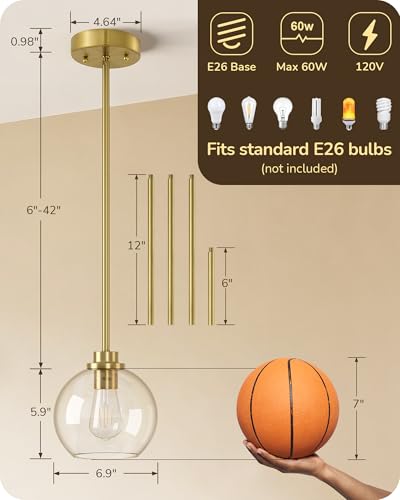 EDISHINE 2-Pack Pendant Light Kitchen Island Clear Glass Globe Gold - image 7