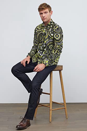 HISDERN Heren Casual Bloemen Shirts Lange Mouw Button Down Funky Shirt Paisley Fancy Shirts voor Mannen, Wit/Geel, L