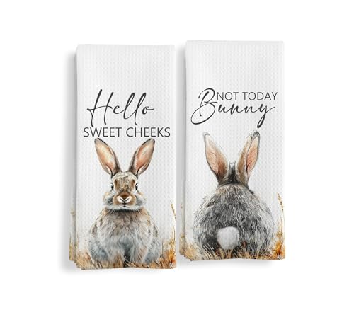 Qeheb Bunny Gifts Funny Hand Towels Set of 2, Hello Sweet Cheeks Not Today Bunny Botanical Decorative Hand Towels for Bathroom Decor, Funny Farmhouse Bathroom Decor, 16X24In Dish Cloths & Dish Towel