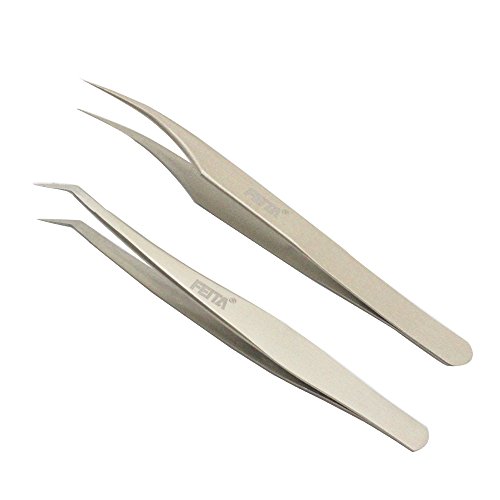 Volume Eyelash Extension Tweezers - FEITA Professional Stainless Steel Angled curved Pointy Precision Tweezer Set for Single Lash, 3D-6D Volume Lashes, Hair Removal (2 Pcs)