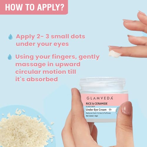 Image of Glamveda Korean Rice & Ceramide Under Eye Cream | Reduces Dark Circles, Puffiness, Wrinkles & Fine Lines | Eye Cream for Dry & Sensitive Skin | For Men & Women 15gm