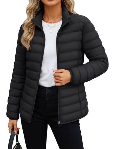 MAGCOMSEN Black Puffer Quilted Jacket for Women Ultra-light 4 Pockets Long Sleeve Full-zip Padded Coat Winter, Black M
