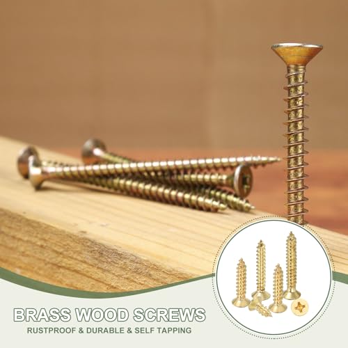 Tornillos de madera de latón autorroscantes, M6 x 40 mm, cabeza plana con cruz para bisagras de puertas, electrónica y muebles (paquete de 25, tono dorado) miniatura 5