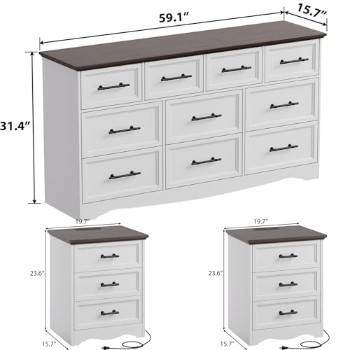 Image of Bedroom Set, 3 Pieces Bedroom Furniture Set, Wood 10 Drawer Dresser and 3 Drawers Nightstands with Charging Station, Farmhouse Storage Organizer Cabinet for Bedroom, White