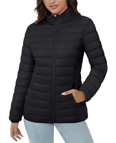 MAGCOMSEN Black Puffer Quilted Jacket for Women Ultra-light 4 Pockets Long Sleeve Full-zip Padded Coat Winter, Black M