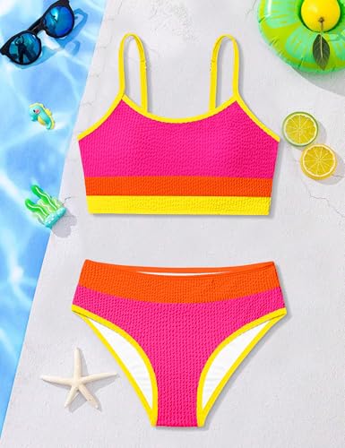 Image of Girls Bathing Suit Color-Block Adjustable Straps Bikini Sets Girls Two Piece Swimsuits with Chest Pad Swimwear 7-18T