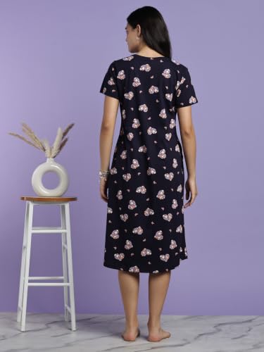 Image of 9shines Label Hosiery Cotton Knee Length Short Night Dress | Short Nighty for Women with Pocket | Graphic Print Nightwear | Night Gown for Women (M-7XL)