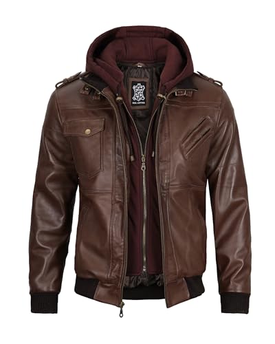 Image of fjackets Men Hooded Leather Jacket - Real Lambskin Men's Bomber Leather Jackets with Detachable Hood Stylish Casual Outerwear