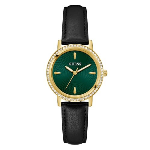 Guess Reloj para Mujer de 34 mm, Correa de Cuero Negro, Esfera Verde, Caja Dorada