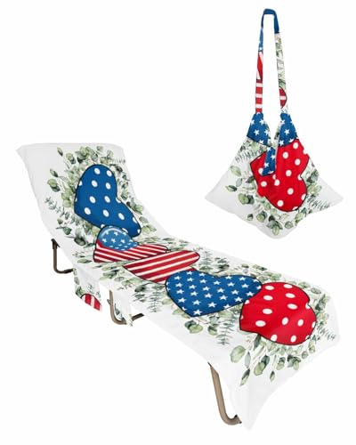 4th of July Love Beach Chair Cover with Side Pockets, Microfiber & Quick Dry Pool Chaise Lounge Chair Towels Covers for Sun Sunbathing Patio Garden Hotel, Botanical Eucalyptus Red Blue Star Stripe