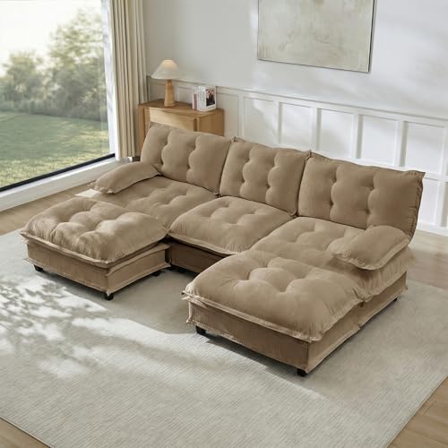 Image of 107 inch U-Shaped Sectional Couches for Living Room, Light Coffee 3 Seater Modern Chenille Deep Seat Sofa Set, Salas para Casa, High Back Cloud Couch Modular Sectional Sets with 2 Ottoman