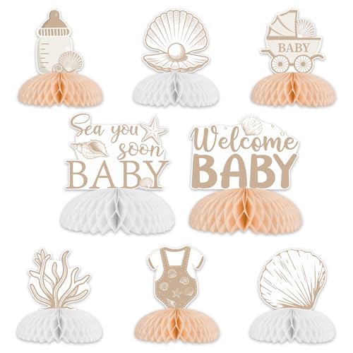 JOYMEMO 8 Pieces Boho Seashell Baby Shower Honeycomb Centerpieces - Seashell Sea You Soon Table Decorations, Double Sided Ocean Animals Table Toppers for Pregnancy Celebration Newborn Party