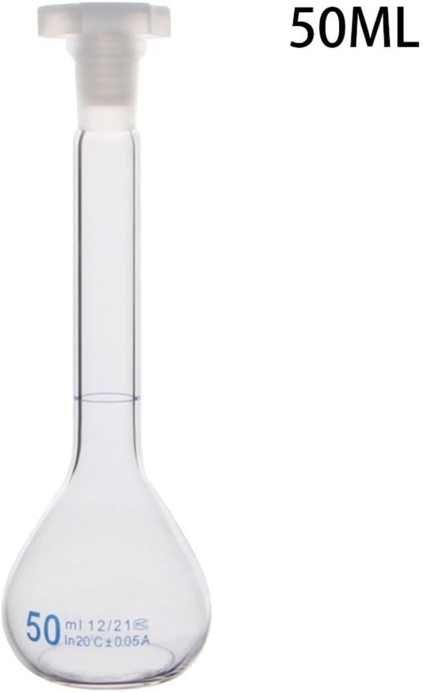 Matraccio volumetrico in Vetro Trasparente da 50 ml con Tappo in plastica Classe A, Vetro borosilicato Alto, Collo di Bottiglia Sottile, Fondo Piatto, vetreria da Laboratorio per Chimica, co