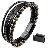 LIVLOKO LONDON Mens Bracelet Leather Black Multi-Layer Tiger Eye Stone Beads Magnetic Adjutable Steel Clasp Viking Rope Bands Surfer Man Wristband Male UK Jewellery Gift box Husband Boyfriend Dad Son
