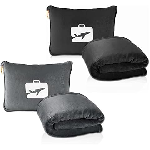 EverSnug Travel Blanket and Pillow Value Bundle - 2 in 1 Airplane Blanket with Soft Bag Pillowcase, Hand Luggage Sleeve and Backpack Clip | Color Includes Black & Grey Cover