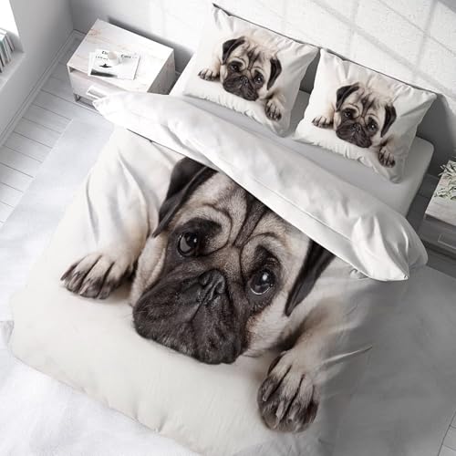 Housse de couette chiot carlin microfibre anti-plis grand lit