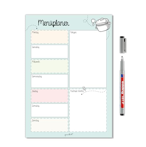 Menüplaner magnetisch DIN A4 I Whiteboard Essensplaner Woche abwischbar I Speiseplan Wochenplaner abwischbar türkis I Mit magnetischer Rückseite I dv524