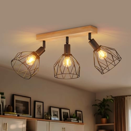 LVWIT Black Ceiling Light,Wood Spot Light Fittings Ceilings,3 Way Adjustable SpotLights Ceiling Lights Wire Cage with E14 Base,Cage Ceilings for Kitchen Living Room(NO Bulbs)