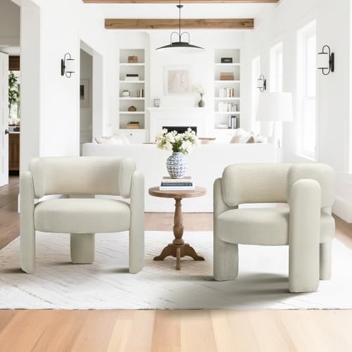 COLAMY Modern Velvet Ohrensessel 2er Set, Gepolsterter Sessel Wohnzimmer, Bequemer Runder loungesessel mit 3 Beinen für Wohnzimmer, Schlafzimmer, Leseecke, Creme