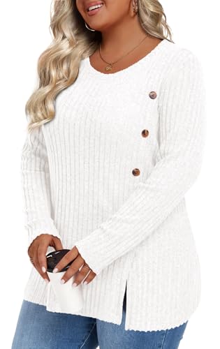 Image of HOTGIFT Womens Plus Size Sweater Tops Long Sleeve Crewneck Casual Tunic Shirts Buttons XL-5XL Blouse Soft Comfy Fashion