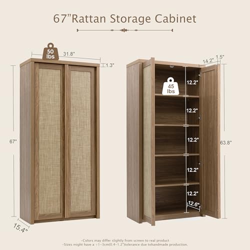 Image of Yechen 67 inch Tall Kitchen Pantry Cabinet,Rattan Storage Cabinet with Solid Wood Integrated Handle​and Adjustable Shelves, Cupboard with Doors for Livingroom, Dining Room, Natural Walnut (2 Piece)