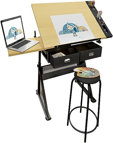 Extra Large Wood Drafting Table, Artist Drawing Table with Height Adjustable and Tilting Large Surface Tabletop, Two Drawer for Reading