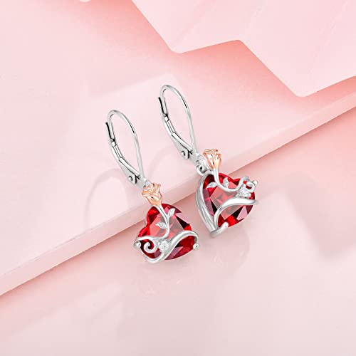 Dangle Drop Leverback Earrings for Women 925 Sterling Silver Rose Flower Earrings, 5A Cubic Zirconia Birthstone Jewelry Gifts for Valentines, Mothers Day3