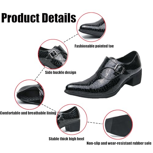 Men's Pointed Toe Chunky Heels Monk Strap Oxford Shoes,Fashion Shiny Business Formal Slip On Loafers Low Top Chelsea Wedding Derby Shoes3