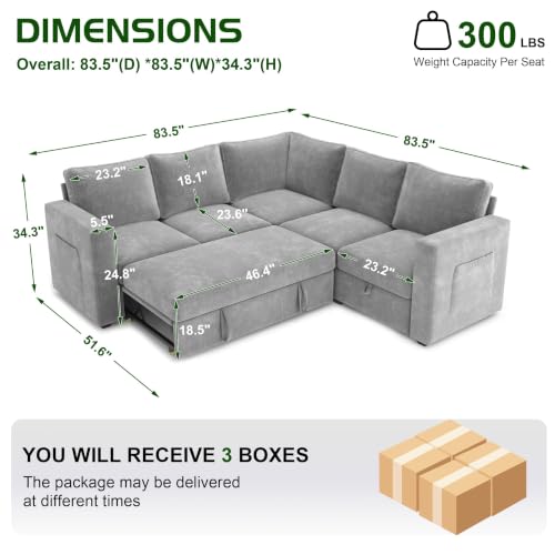 Image of 83.5 inch Chenille Sectional Sleeper Sofa, Pull Out Couch with Storage, Gray | 5 Seat Comfy Couches for Living Room, Apartments, or Guest Spaces; Sectionals Modular Sofa Design, Comfortable Seating.