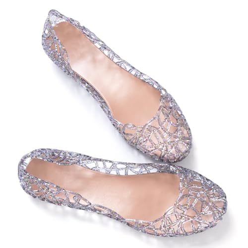 Image of Stunner Women Beach Jelly Shoes Slip On Crystal Summer Hollow Ballet Flats | Summer Cool PVC Breathable Outdoor Indoor Dressy Flat Sandals for Holiday Shopping Spa Swimming Pool