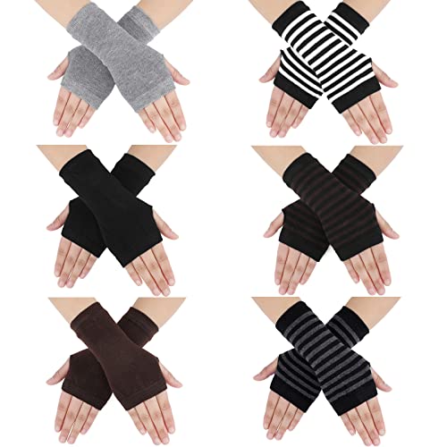 SATINIOR 6 Pairs Women Striped Stretchy Warm Fingerless Gloves with Thumbhole for Winter Spring One Size Fits Most Black and White Striped Arm Warmers Unisex Mitten Gloves for Typing