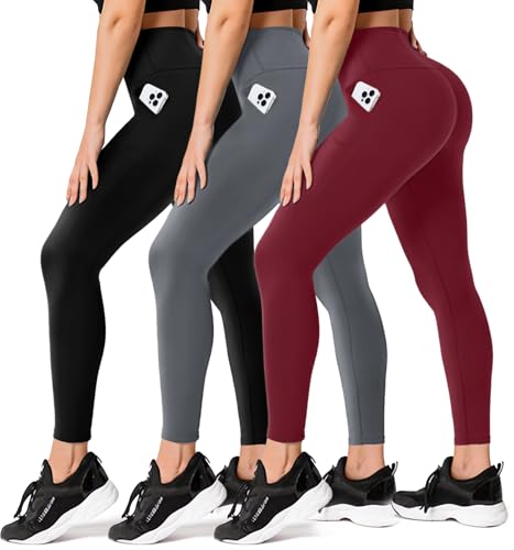 FULLSOFT 3 Pack Leggings for Women Non See Through-Workout High Waisted Tummy Control Running Yoga Pants with Pockets(3 Pack Black, Dark Grey, Wine(with Pockets), 2X-Large-3X-Large)