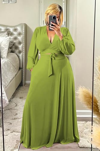 Image of Plus Size Women's 2 Piece Outfits Casual Long Sleeve Wrap Crop Top Maxi Long Dress Flowy Matching Sets