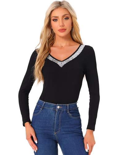 Chemisier décontracté à paillettes femme noir col V manches longues taille S