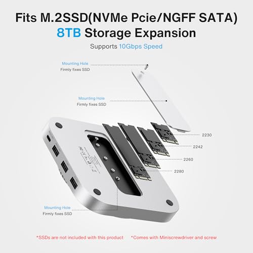 IVANKY 13-in-1 Mac mini M4 Dock, Docking Station Stand for M5, with M.2 NVMe SSD Enclosure, 4K@144Hz HDMI Hub for Mac mini M4 &M4 Pro (2024), 10 Gbps USB, SD/TF, Audio Ports *2, 20W PD Power Adapter*1 - Image 4