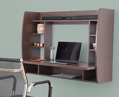 Image of Basicwise Wall Mount Laptop Office Desk with Shelves, Brown,