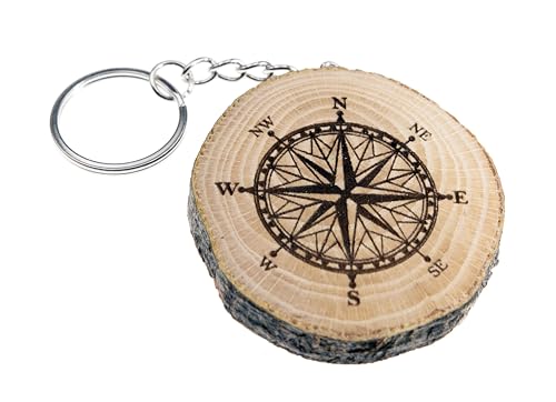 Portachiavi in legno naturale con bussola, rosa dei venti, esplorazione (Legno di faggio)