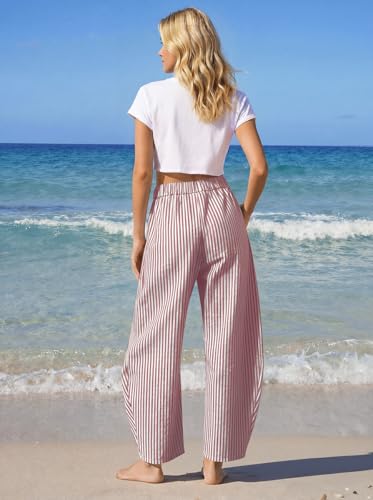 Image of TARSE Womens Striped Linen Barrel Pants with Pockets Y2k Patchwork
