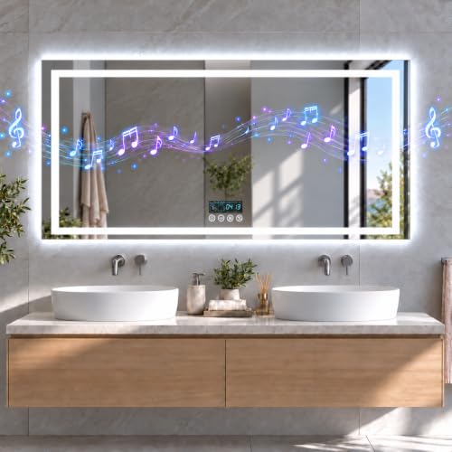 LUVODI Badspiegel mit Bluetooth 120x60cm: Beleuchtet Wandspiegel mit Uhr Lichtspiegel Kosmetikspiegel Flur Spiegel… – Ansicht 1
