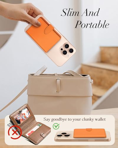 Image of Shorogyt for Magnetic Phone Wallet Compatible with Magsafe Card Holder - Luxury Slim Leather Mag Wallets for Women Men Fit 4 Cards, for iPhone 17 /16 /15 /14 /13 /12 Series, Lychee Orange, 2.5 inch x 0.3 inch x