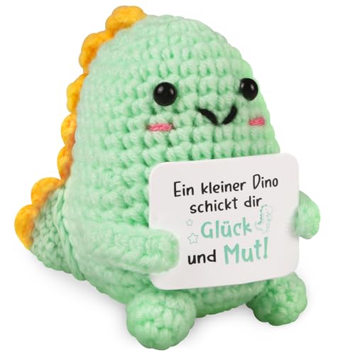 WenmthG Pocket Hug Kleiner Dino Glücksbringer Deutsch Dankeschön Geschenke für Freund Kollegin Frauen Männer, Glück Gestrickte Dino Anti Stress Geschenke Positive Kartoffel Deutsch Ersatz - 1 St