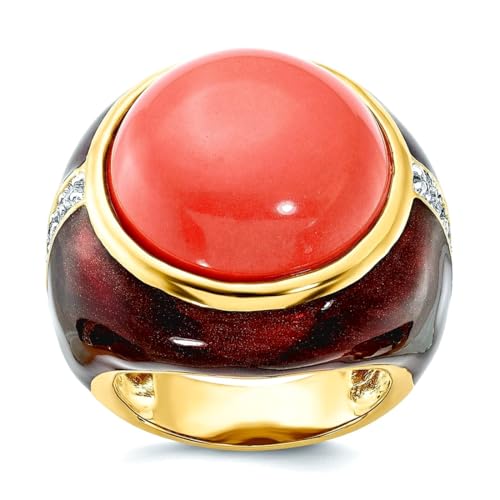 Anillo de plata de ley 925 chapado en oro Brn Enam rojo simulado coral y circonita cúbica, talla 7, 24,5 mm de ancho, anillo para mujer