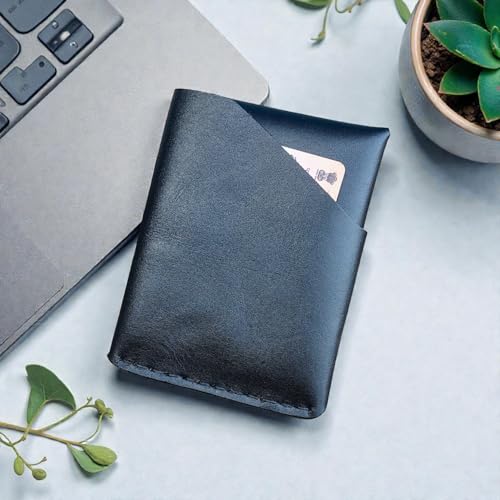 Image of Charcoal Black Genuine Leather Slim Compact Wallet Cash and Card Holder for Men, Minimalist Design, RFID Blocking, Hand Stitched, Lightweight - Slim Size (11x8 cm)